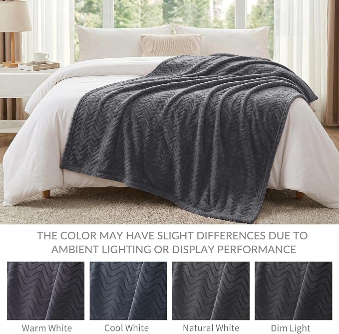 Exclusivo Mezcla Soft Fleece Blanket King Size for Bed, Sofa, Dark Grey | 90"x104" Breathable Lightweight Flannel Blanket for Summer, Plush Cozy Jacquard Wave for Home Decor