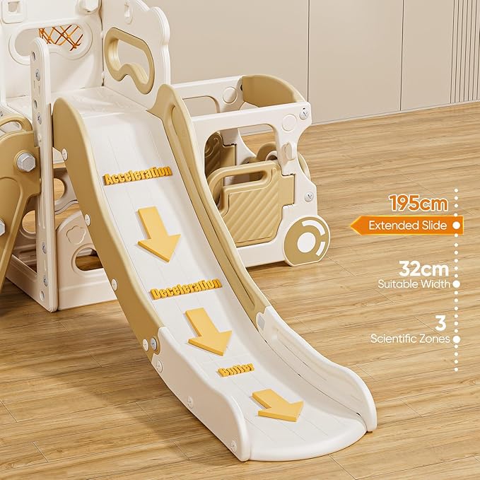Lischwert 5 in 1 Toddler Slide, Indoor Slides Playground Set for Kids, Outdoor Slide Freestanding Playset, Toddler Playground with Basketball Hoop, Bus Playhouse and Climber for Kids Age 1+