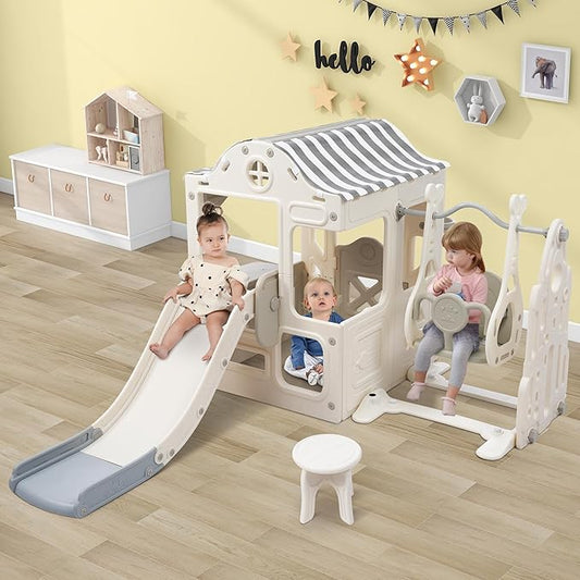 Miscoos 6-in-1 Kids Playground with Fairy House - Certified HDPE Toddler Slide and Swing Set, Adjustable, Safe Swing, Basketball Hoop, Game Table - Indoor/Outdoor Playset for Babies