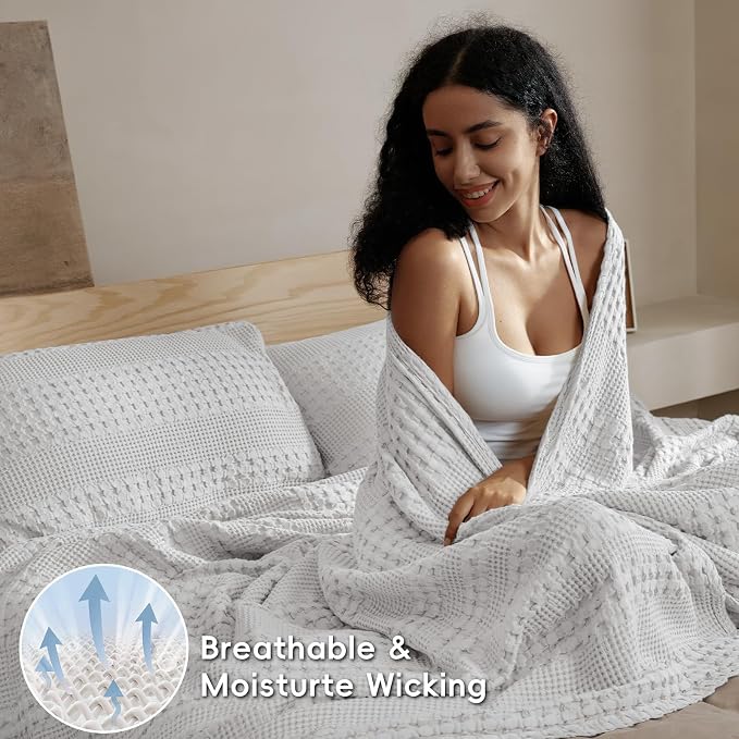 PHF 100% Cotton Waffle Weave Blanket Queen Size, Lightweight Breathable Summer Blanket for Hot Sleepers, Pre-Washed Soft Layer for Bed, Couch, Aesthetic Home Decor & Gift, 90"x90", Light Grey