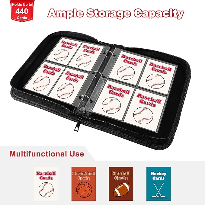 Mlikero Baseball Card Binder 440 Pocket, Trading Card Binder with Card Display Design, Premium Basketball Card Holder with Sports Pattern Wristband Fit for Topps Baseball Cards 2025