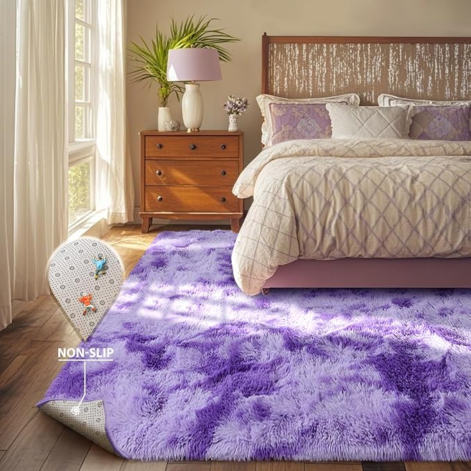 5x7 Purple White Rug Fluffy Living Room Rugs Girls, Plush Soft Fuzzy Area Carpet Non Slip for Bedroom Nursery Kids Girlie Elegant Home Decor Aesthetic