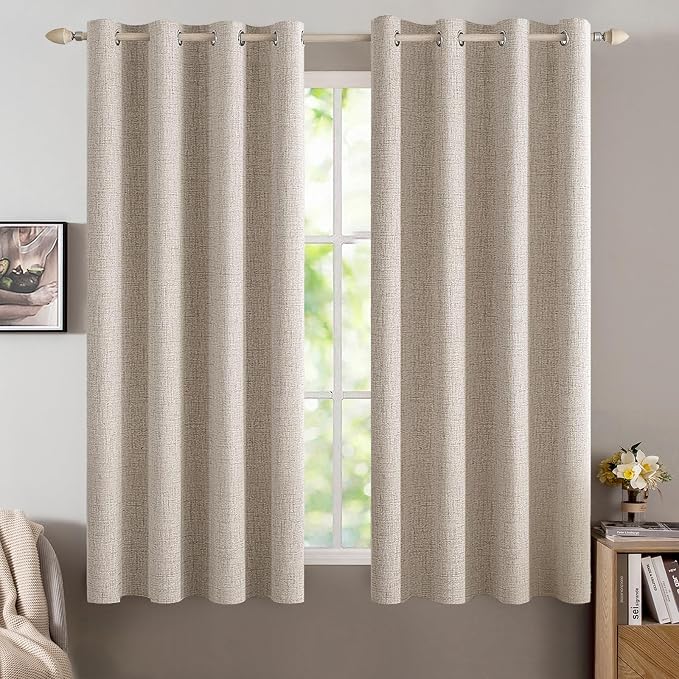 MIULEE Linen Textured Curtains for Bedroom Solid 100% Blackout Thermal Insulated Natural Grommet Room Darkening Curtains & Drapes Luxury Decor for Living Room 52 x 45 Inch (2 Panels)