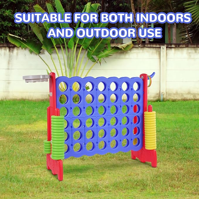Elevon Giant 4-to-Score Game Set, 4-in-A-Row Jumbo w/Basketball Hoop, Ring Toss, 42 Jumbo Rings & Quick-Release Slide, 2.75FT Tall Indoor Outdoor Yard Family Connect Game for Kids & Adults