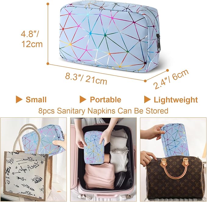 Likesing Period Bag for Girls Womens, Leather Sanitary Napkin Storage Bag, Portable Menstrual Pad Bag Period Pads Pouch, Small Make Up Bags(Colorful Blue)