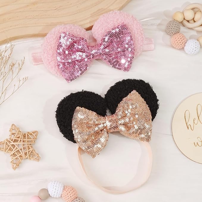 3PCS Baby Girl Mouse Ears Thin Headbands with Sequin Bow, Soft Nylon Hairband, Theme Park Headwear, Hair Bow Headband for Toddler, Kids, Party Supplies
