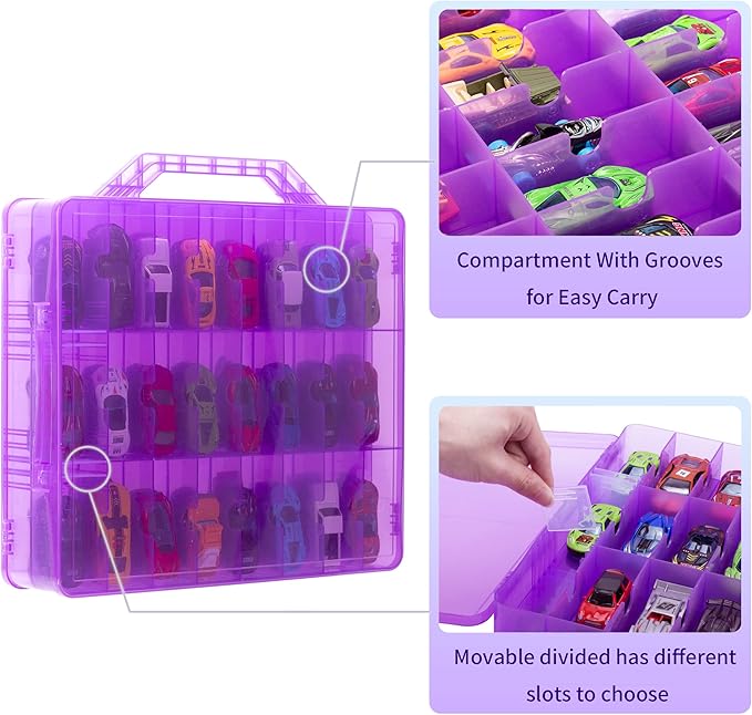 Double Sided Toy Car Storage Case for 48 Toy Cars, Matchbox Cars, Mini Toys, Small Dolls, Portable Transparent Storage Case for Toy Cars, Matchbox Cars with 48 Compartments, Case Only