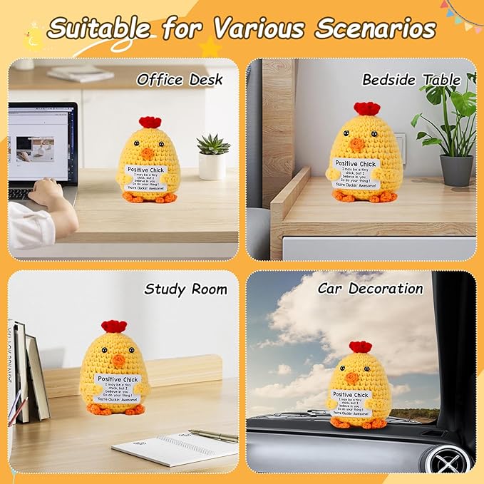 Positive Crochet Chicken, Handmade Emotional Support Animals Plush Cute Stuff, Funny Inspirational Friendship Stress Relief Birthday Graduation Gifts for Women Teens Girls Coworkers Friends