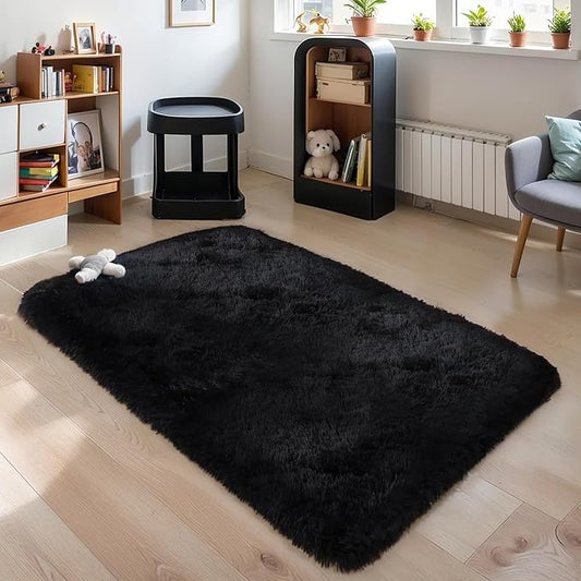 3x5 Thick Black Fluffy Shag Rug for Bedroom, Plush Washable Carpet | Area Rug for Living Room, Nursery, Dorm, Playroom, Non Slip Shaggy Floor Carpet