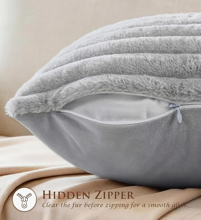 Pack of 2 Throw Pillow Covers 18x18 Decorative Solid Plush Faux Fur with Soft Velvet Back, Square Striped Cushion Cases Modern Farmhouse Home Decor for Living Room Couch Sofa Bed Neutral Gray