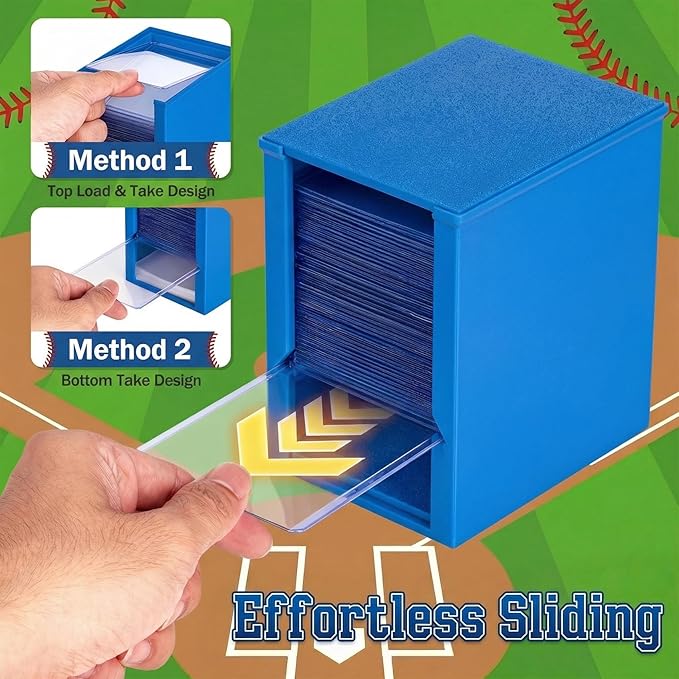 Toploader Dispenser & Penny Sleeve Holder - Dual Compartment Holds 250 Penny Sleeves & up to 50 Top Loaders, Stackable Card Storage Box with Dustproof Lid (Blue)