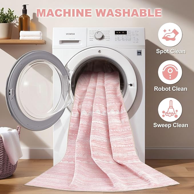 Nakagishi Boho 5x7 Pink Area Rug Living Room Rugs Machine Washable | Soft, Pet & Kid Friendly, Carpet for Living Room/Bedroom/Office/Kitchen/Nursery, Daily Home Decor Stain Resistant Moroccan