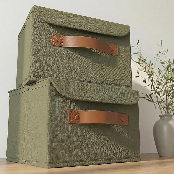 Decorative Linen Storage Boxes with Lids - Spacious Set of 2 Organizer Bins | The Perfect Small Container for Home Decor - Safely Store Photos, Documents and Memory Box Keepsakes in Style