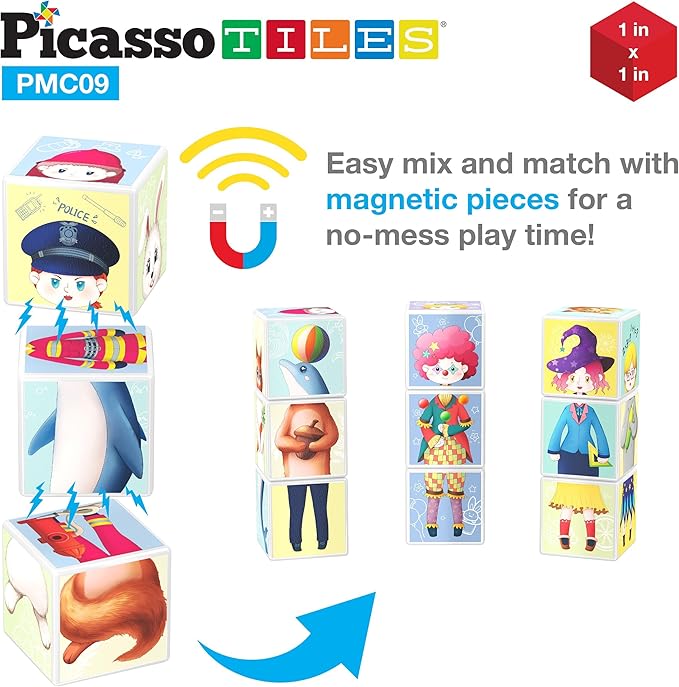 PicassoTiles Magnetic Expression Puzzle Toy Building Block Mix & Match Cubes Cubes Magnet Pre-School Sensory Toys Gifts Educational STEM Learning Kit for Kid, Baby Toddler Age 3 and Up 9 Piece PMC09