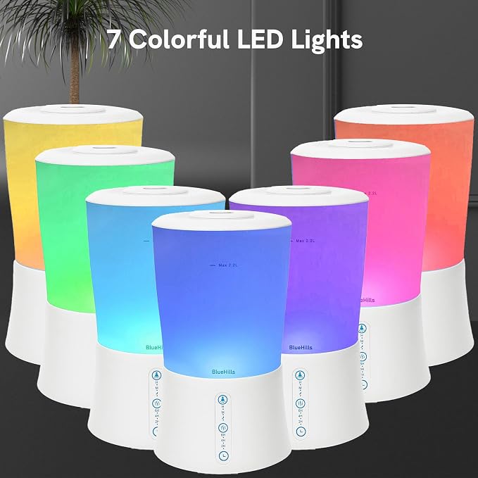 BlueHills Large 2000 ML XL Essential Oil Diffuser Premium Aromatherapy Humidifier for Big Room Home Long Run Extra Large Capacity for Huge Area 2 Liter 2L Color Changing Lights Cool High Mist White-S1