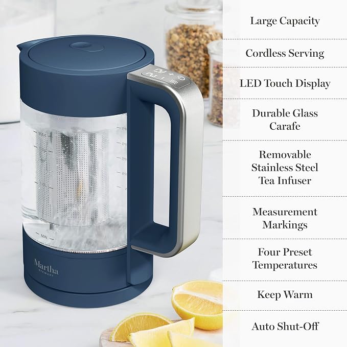Martha Stewart Electric Kettle with Removable Stainless Steel Tea Infuser, Glass Carafe 1.7L (7 Cups), Hot Water Boiler, 4 Presets,  Keep Warm & Auto Shut-Off, Cordless 360° Swivel Base, Indigo Blue