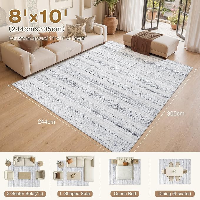 cotiled 8x10 Area Rugs Living Room Rug: Washable Boho Rugs with Non Slip Backing Large Soft Indoor Stain Resistant Carpet for Bedroom Farmhouse Dining Room Lightweight Home Decor Grey