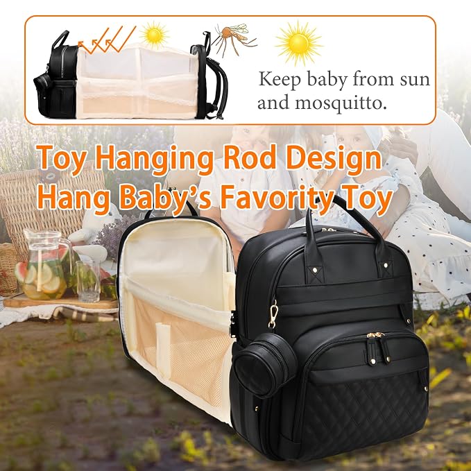 Astro alan Baby Diaper Bag Backpack with Changing Station, Waterproof Large Capacity Diaper Bag for Moms and Dads, Plant-Based Leather with USB Charging Port, Baby Gift for New Parents, Black