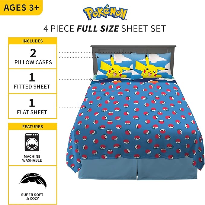 Pokémon Kids Bedding Super Soft Microfiber Sheet Set, Full, (Officially Licensed Product) by Franco