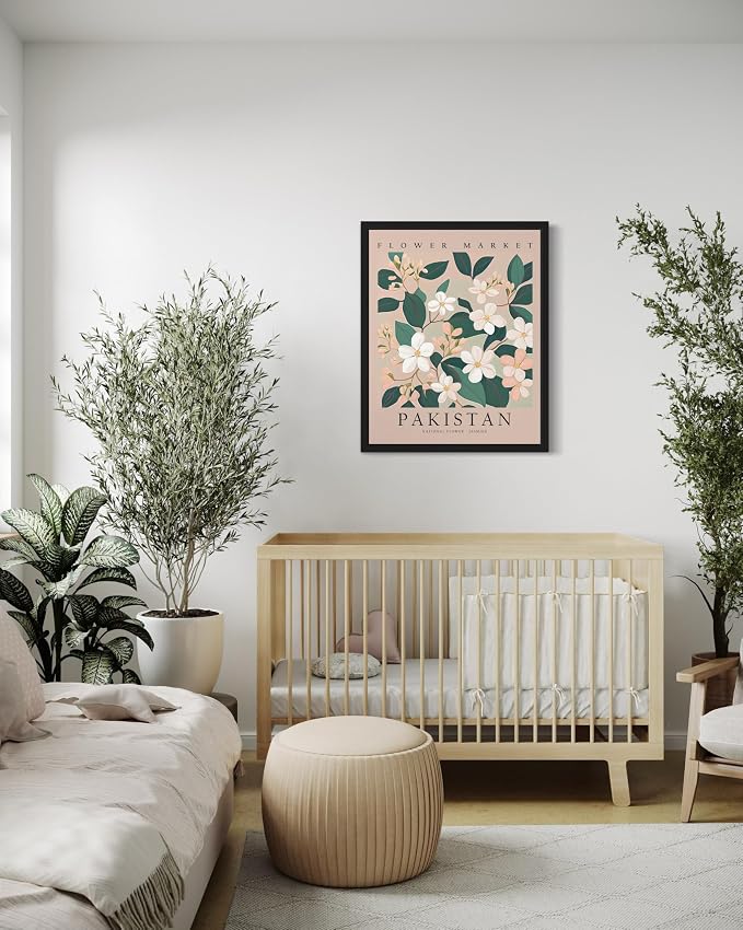 Pakistan, Jasmine Art Print Poster, Flower Market Wall Art, Floral Artwork Decor for Bedroom, Kitchen, Bathroom, Livingroom Decoration 52 (Pakistan, Jasmine, 24"L x 18"W, Black Frame)