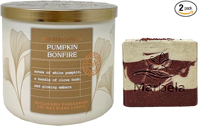 Bath & Body Works Pumpkin Bonfire 3-Wick Scented Candle with a Cherry On Top Bar Soap