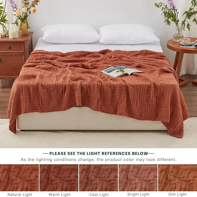 Love's cabin 100% Cotton Muslin Blanket, 6 Layer Lightweight Breathable Gauze King Size Blanket 108 x 90 Inches, Soft Summer Blanket for Bed, Orange