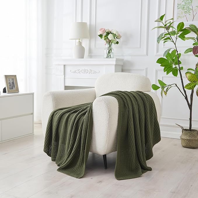 Douceur Olive Green Throw Blanket for Bed, Soft Chunky Cable Knit Throw Blanket, Classic Fisherman's Rib Stitch Pattern Throw for Living Room Gift, 60"X80"