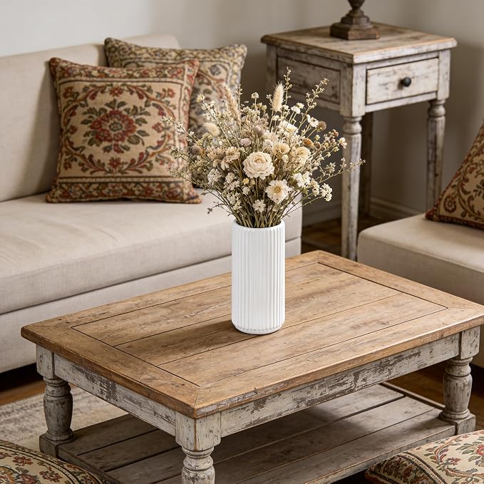 White Ceramic Flower Vase for Pampas Grass, 6 inch Small Decorative Centerpiece Ribbed Vase for Dining Table, Office Desktop, Shelf Bookshelf, Mantel, Bathroom, Countertop, Farmhouse, Gift