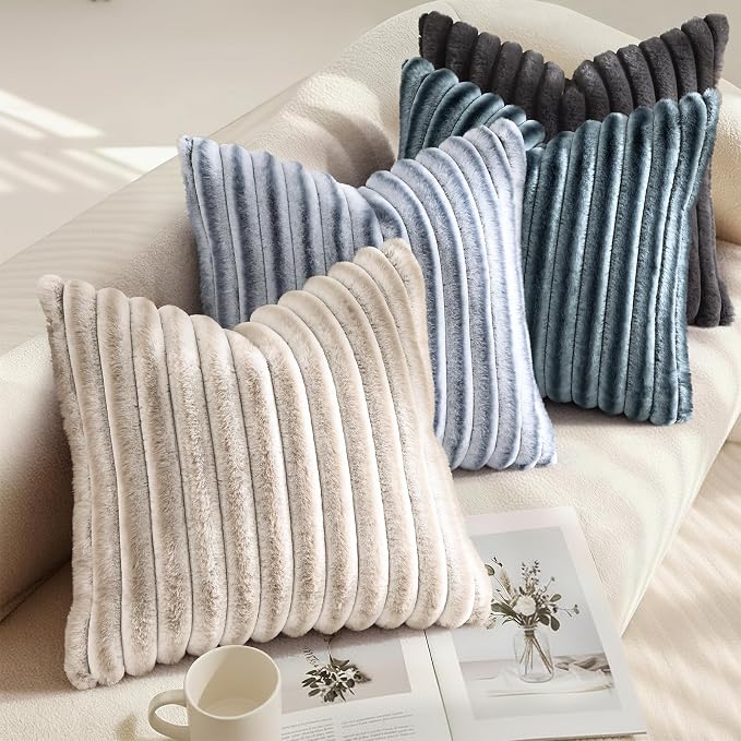 decorUhome Fall Faux Fur Throw Pillow Covers 12x20 Set of 2 Grey White | Decorative Soft Cozy Striped Plush Modern Farmhouse Boho Couch Pillow Cases Velvet Back for Sofa Bed Living Room Home Decor