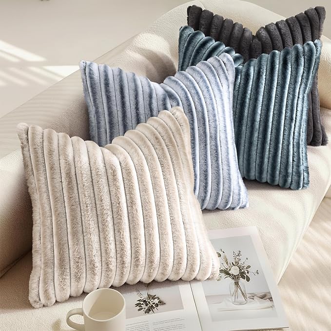 decorUhome Fall Faux Fur Throw Pillow Covers 24x24 Set of 2 Dark Grey | Decorative Soft Cozy Striped Plush Modern Farmhouse Boho Couch Pillow Cases Velvet Back for Sofa Bed Living Room Home Decor