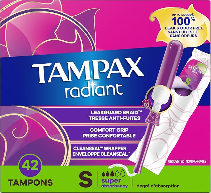 Tampax Radiant Tampons for Women, with LeakGuard Braid, Super Absorbency, Unscented, 42 Count, Packaging May Vary