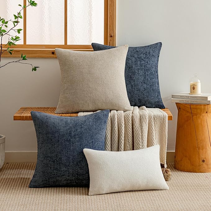 a moment Dark Blue Chenille Throw Pillow Covers 12x20 Inch Pack of 2 Modern Decorative Throw Pillow Covers Farmhouse Cross Covers Home Decor for Sofa Bedroom Living Room