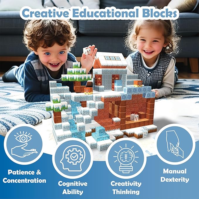 Magnetic Blocks, 120PCS Magnetic Building Blocks Magnet Cubes STEM Montessori Sensory Educational Toys for Kids Boys Girls (Ice-Castle)