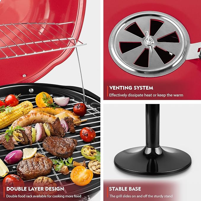 Electric Grill, Techwood Indoor/Outdoor Electric BBQ Grill, 1600W Portable Removable Stand Grill with Adjustable Heat & Drip Tray, Double Layer Design for Party, Patio & Backyard (Red)