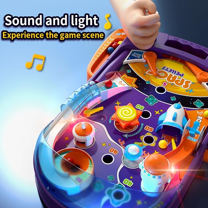 Tabletop Pinball Machine - Space Mini Arcade Game with Sound & Light, Pull-Back Launcher, Flippers, Carry Handle, Suction Cup Feet, Games for Kids Ages 3+