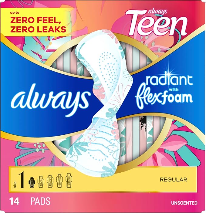 Always Radiant Teen Feminine Pads for Women, Size 1 Regular Absorbency, with Wings, Unscented, 14 Count