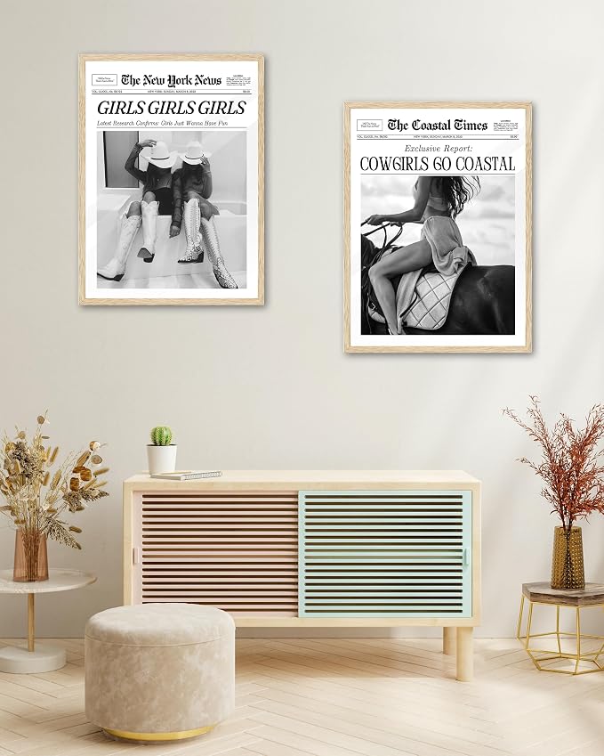 iHery 12x16in Cowgirls Go Coastal Unframed Newspaper Wall Art | Unframed Canvas Print, Western Horseback Poster Decor for Bedroom 1Pack
