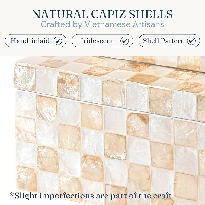 12"x8" Capiz Shell Decorative Boxes with Lids, Ivory, Set 2 | Lidded Storage Keepsake Boxes For Photos, Letters & Jewelry, Decorative Beige Keepsake Trunk, Trinket Boxes For Home Decor