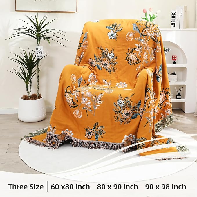 VANJOROY Boho Large Throw Blanket, 100% Organic Cotton Breathable Soft Bed Throw - Floral Bird Farmhouse Decor Blanket for Sofa Couch Chair Quilt and Gift. (Flower-Art, 60" x 80")