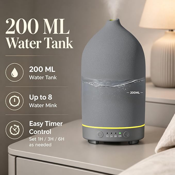 Gooamp 200ML Ceramic Essential Oil Diffuser - Ultrasonic Aromatherapy & Humidifier with 7-Color LED Lights, Auto Shut-Off, Grey, 1H/3H/6H Timer | Scent for Home,Office,Yoga