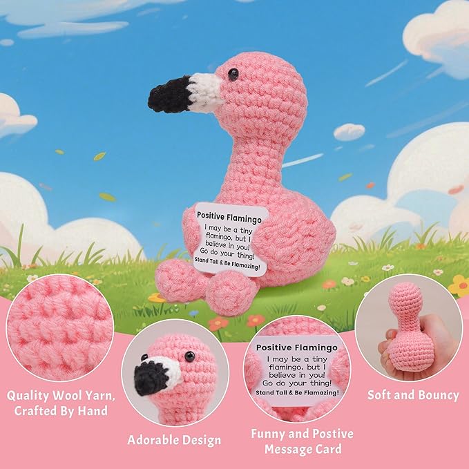 Mini Positive Flamingo Crochet Gifts, Handmade Emotional Support Flamingo Toy for Women Girls Friends Sister Birthday Graduation Xmas Inspirational Gifts