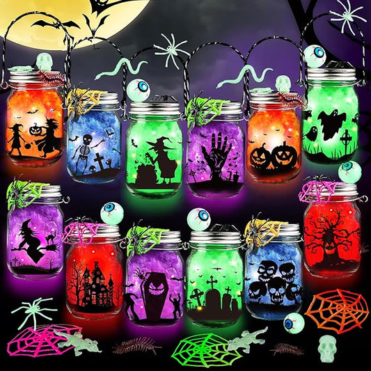 Halloween Crafts for Kids, 12 PCS Mason Jar with Accessories for DIY Craft & Art Party Favor Supplies, Halloween Decoration Trick or Treat, Classroom Art Activities