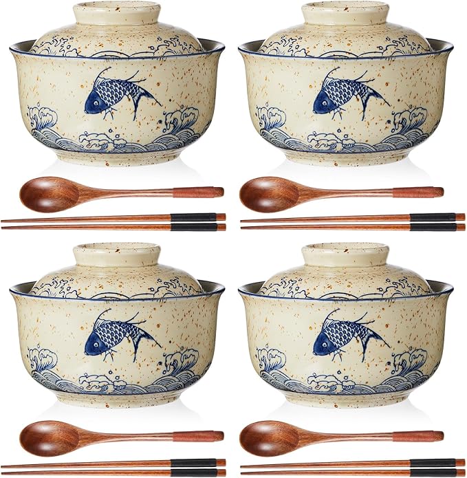 LemonRoad 4 Pack 25oz Japanese Dinnerware Set Ceramic Ramen Bowl with Lid Microwavable with Chopsticks and Spoon Korean Soup Bowl Clay Pot for Noodle Rice Porridge(Fish)