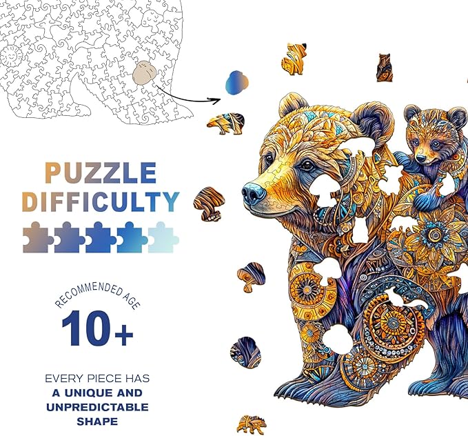 Wooden Puzzles for Adults - Mother Bear Wooden Jigsaw Puzzle, Unique Animal Shaped Wood Puzzles Adult, Christmas Birthday Gifts for Friends/Family, Home Decor 13.4 * 13.1in 275pcs