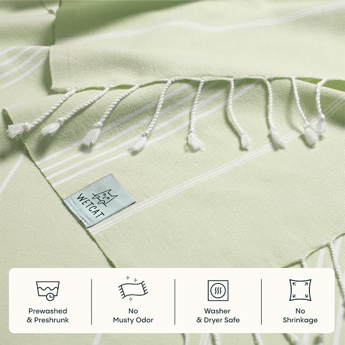 WETCAT Turkish Beach Towel Oversized (38"x71") 100% Turkish Cotton, Made in Turkey - Sand Free, Extra Large, Ultra Soft, Quick Drying, Compact & Lightweight for Travel - Seafoam Green