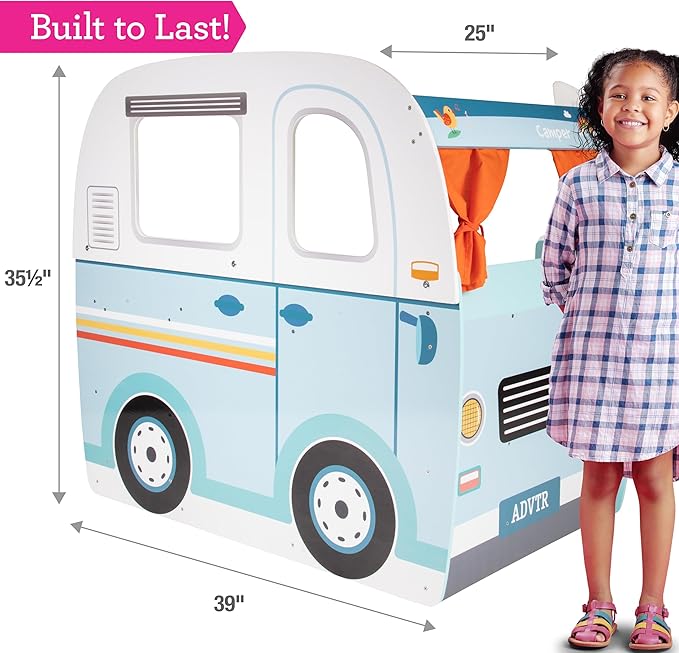Wooden Play Camper Van Toy Playset w Steering Wheel, Kitchen, Stove, Oven, Bed, Pillow, Pretend Shower, Curtains, Personalization Stickers- Indoor Retro Car Camping, Travel RV Adventure- Ages 3+ Gift