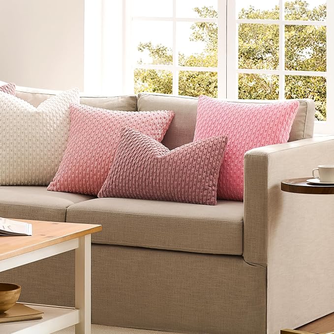Kevin Textile Soft Corduroy 14"x22" Lumbar Pillow Cover 1 Pack, Pink | Boho Stripe Plush Corduroy Decorative Oblong Cushion Cover Modern Farmhouse Home Decor for Sofa Couch Bed Chair