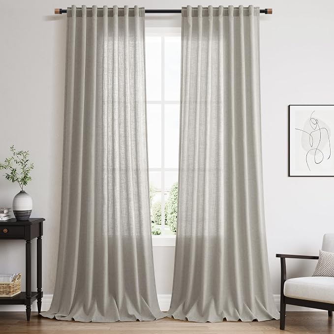 Silver Grey Linen Curtains 108 Inches for Living Room Extra Long Back Tab Curtain Neutral Farmhouse Light Filtering Semi Sheer Linen Drapes Ceiling to Floor for Large Window Office 9 FT,2 Panels