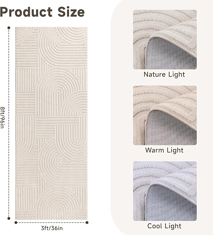Pauwer 3x8 Area Rugs for Living Room, Modern Non Slip Washable Rug, Beige | Arch Pattern, Soft Fluffy, Neutral, Boho Accent, Solid Color Floor Carpet, For Kids Room Dining Room Nursery Entryway