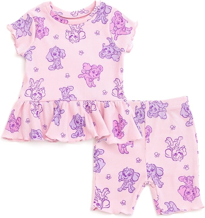 Paw Patrol Ribbed Peplum T-Shirt and Shorts Outfit Set Newborn to Little Kid Sizes (0-3 Months - 7-8)